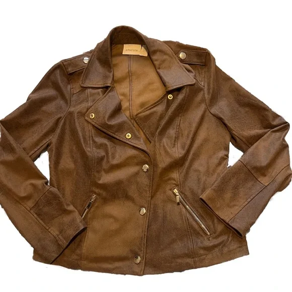Chico's Brown Leather Jacket Asymmetrical Zip Notched Lapel - Picture 8 of 12